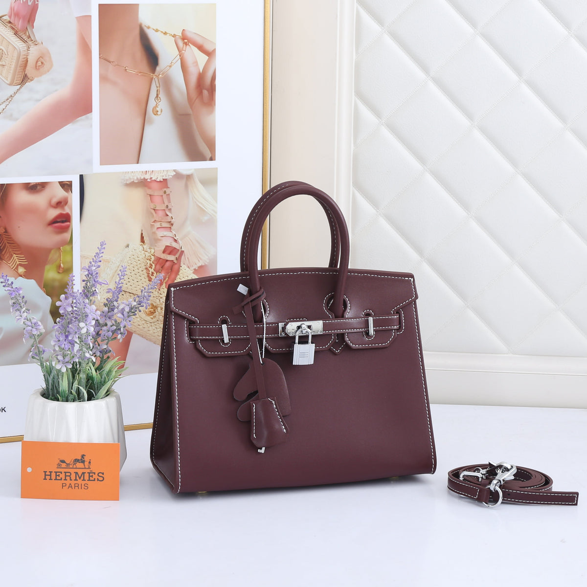 Birkin-Style Handbag With White Contrast Stitching & Silver Hardware