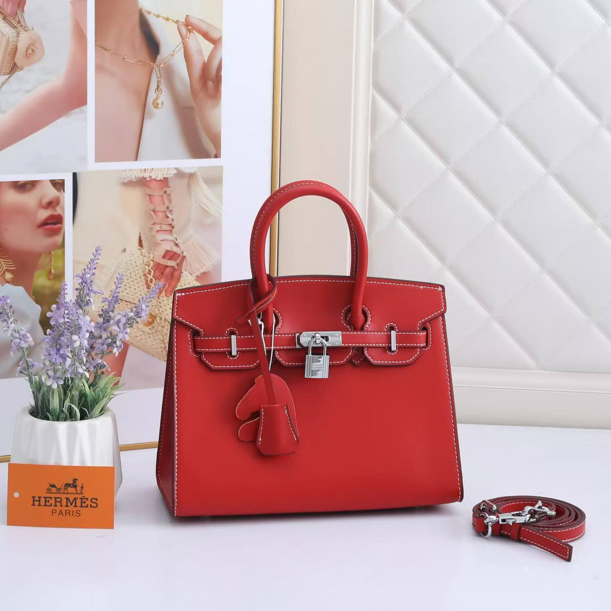 Birkin-Style Handbag With White Contrast Stitching & Silver Hardware