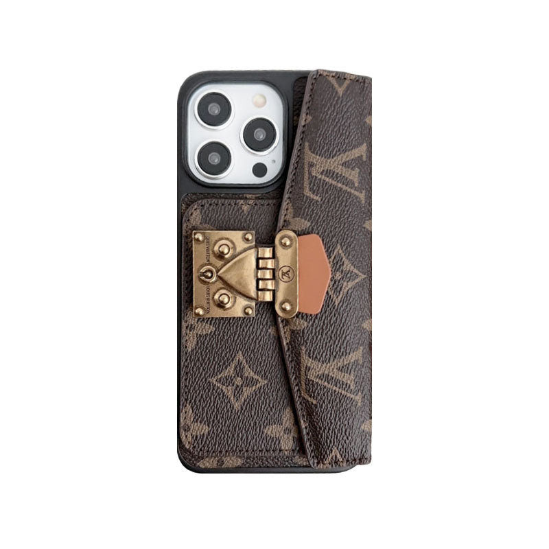 MONOGRAM IPHONE CASE WITH PURSE AND CROSSBODY STRAP BROWN