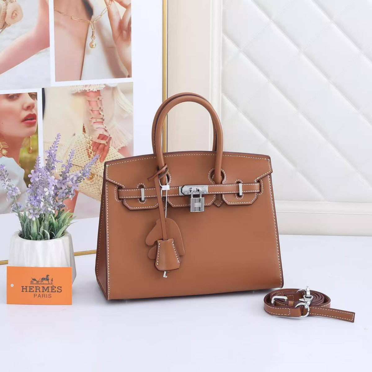 Birkin-Style Handbag With White Contrast Stitching & Silver Hardware