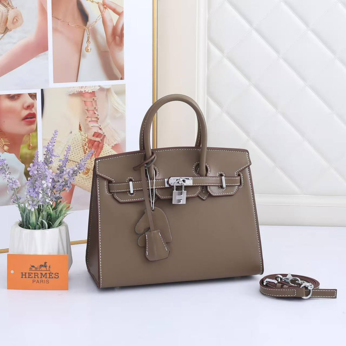 Birkin-Style Handbag With White Contrast Stitching & Silver Hardware