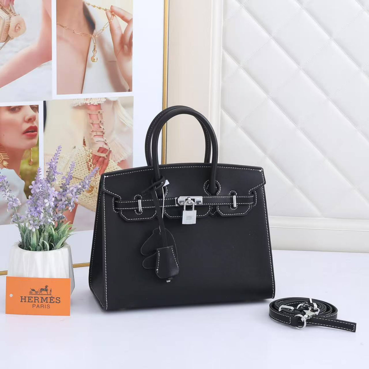 Birkin-Style Handbag With White Contrast Stitching & Silver Hardware