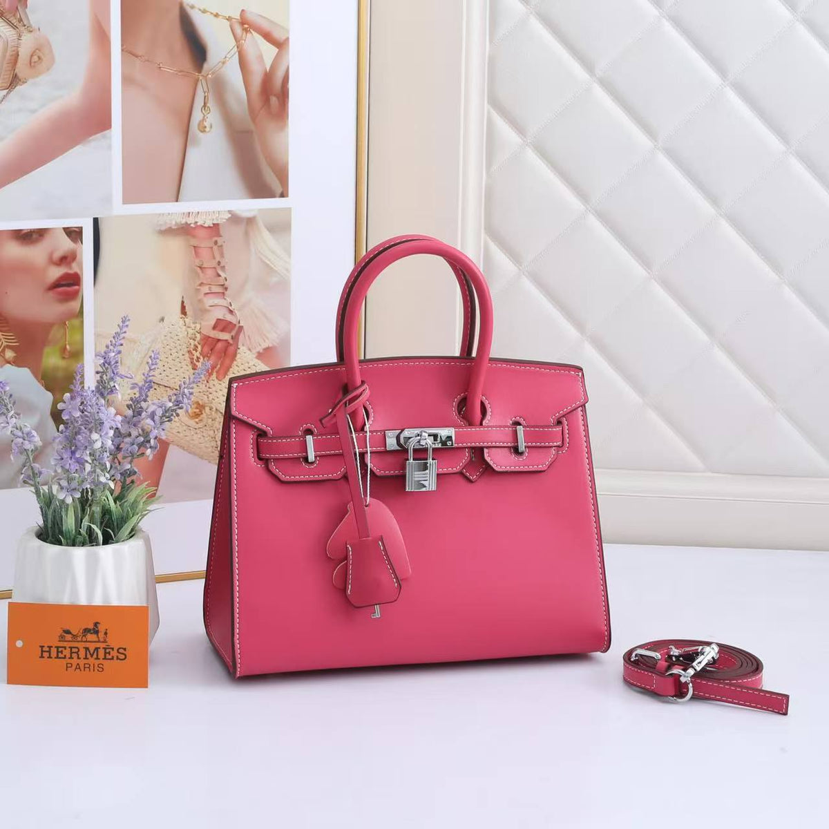 Birkin-Style Handbag With White Contrast Stitching & Silver Hardware