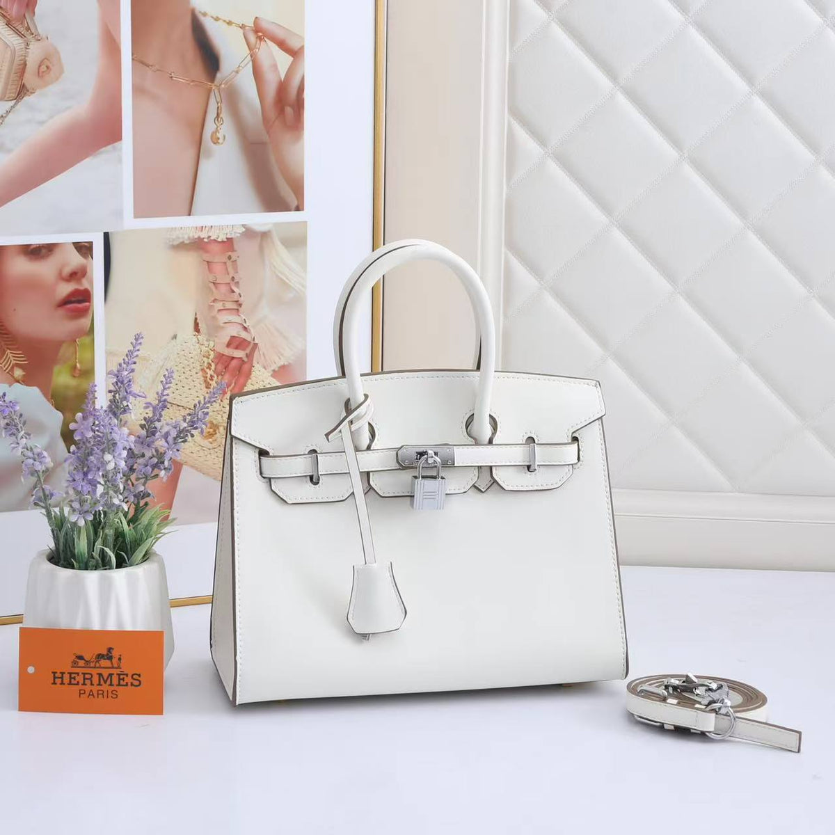 Birkin-Style Handbag With White Contrast Stitching & Silver Hardware